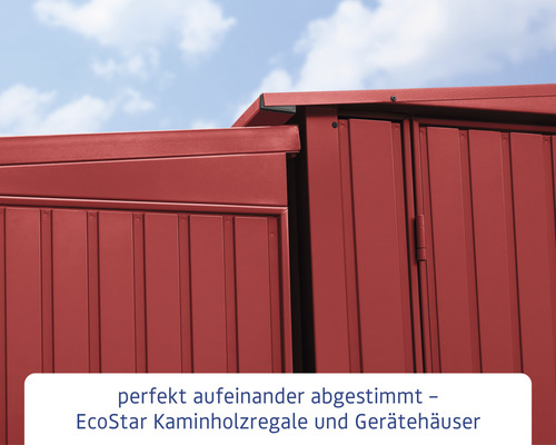 Detailansicht eines EcoStar Kaminholzregals und Gerätehauses
