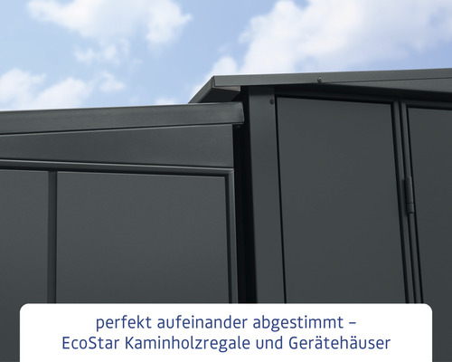 Detailaufnahme von EcoStar Kaminholzregalen und Gerätehäusern