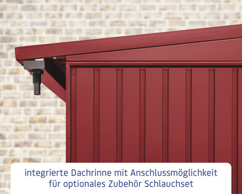 Integriertes Dachrinnensystem eines Gerätehauses mit Anschlussmöglichkeit für Zubehör Schlauchset.