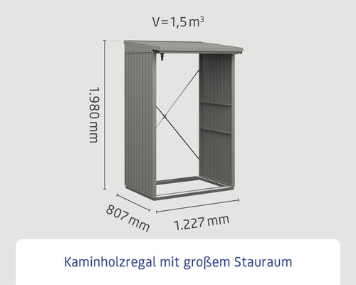 Abmessungen eines Holzregals mit einem Volumen von 1,5 Kubikmeter und einer Höhe von 1980 Millimeter.