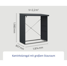 Kaminholzregal mit den Maßen 1980 Millimeter Höhe, 807 Millimeter Tiefe und 1814 Millimeter Breite, Volumen 2,2 Kubikmeter