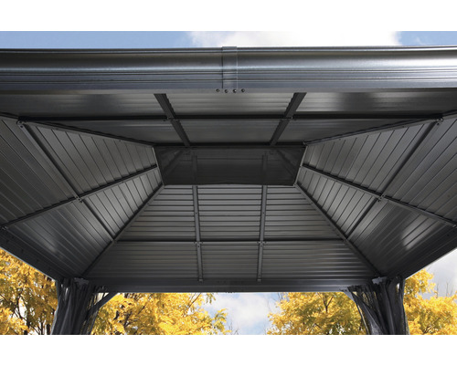 Innenansicht eines Pavillons mit Metalldach