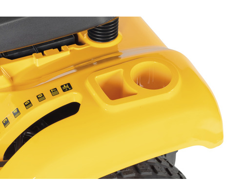 Detailaufnahme eines gelben Rasentraktors mit Fächern und Einstellungen