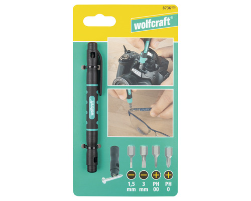 Wolfcraft Feinmechaniker-Schraubendreher mit verschiedenen Aufsätzen auf Verpackung