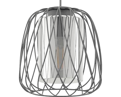 Pendelleuchte mit einem Lampenschirm aus Metalldraht und einem Glaszylinder