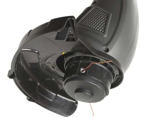 Detailansicht eines Rasentrimmers mit Schneidfaden und Schutzvorrichtung.