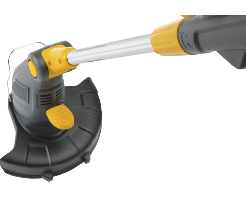 Rasentrimmer Detailansicht des Schneidkopfes und des Schutzes.