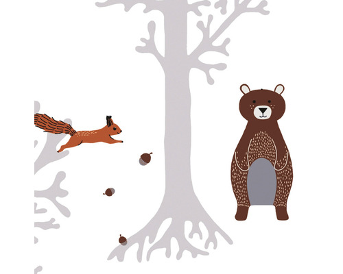 Vliestapete 38134-1 Little Love Waldtiere grau braun Illustration mit Bäumen, Eichhörnchen, Bär und Eicheln