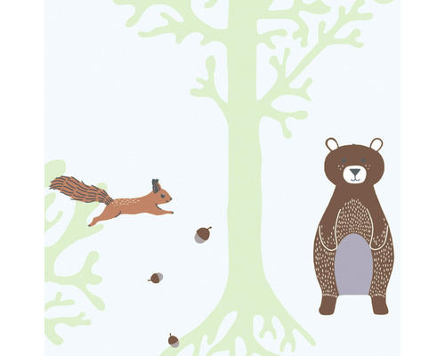 Vliestapete 38134-2 Little Love Waldtiere grün braun Tapete mit Bär, Eichhörnchen, Eicheln und Bäumen