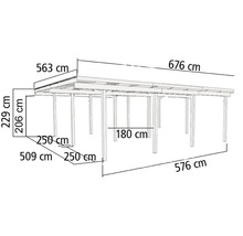 Abmessungen einer Terrassenüberdachung: 563 cm x 676 cm, Höhe 229 cm
