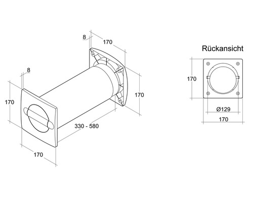 Technische Zeichnung einer Mauerdurchführung mit den Maßen 170 x 170 Millimeter und einem Durchmesser von 129 Millimeter.