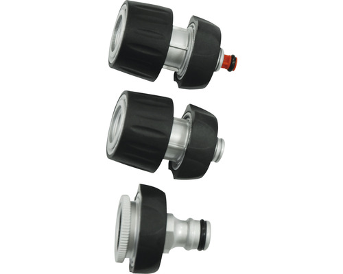 Drei Gartenkupplungen aus Metall und Kunststoff für Gartenschläuche