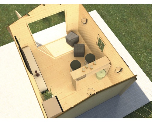 Innenansicht eines Gartenhauses mit Bar, Möbeln und Fenstern.