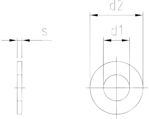 Technische Zeichnung einer Unterlegscheibe mit Maßangaben d1, d2 und s
