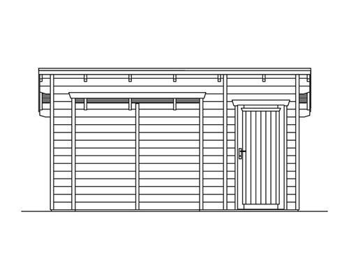 Illustration eines Gartenhauses mit Tür und Fenster