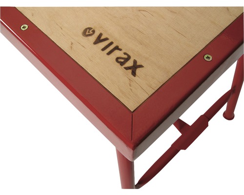 Detailansicht eines Virax Arbeitstisches mit Holzplatte und Metallgestell