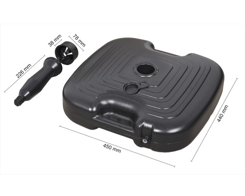 Schirmständer aus Kunststoff mit den Maßen 450 mal 440 Millimeter und Zubehör.