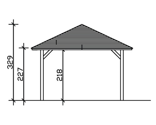 Technische Zeichnung eines Pavillons mit Höhenangaben in Zentimetern