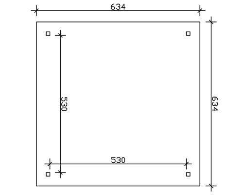 Technische Zeichnung einer quadratischen Platte mit den Maßen 634 x 634 Millimeter und Bohrungen im Abstand von 530 Millimeter.