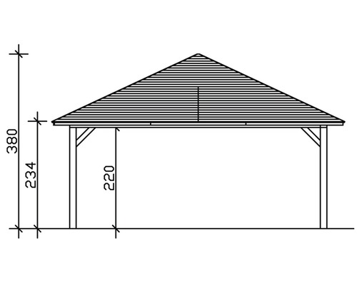 Technische Zeichnung eines Pavillons mit Höhenangaben in Zentimetern