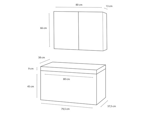 Maße des Badezimmer-Sets mit Unterschrank und Spiegelschrank