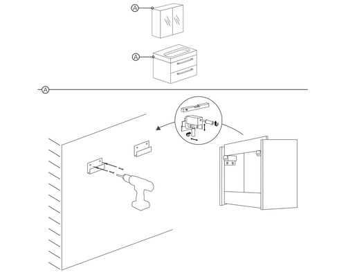 Zeichnung einer Badezimmereinrichtung mit Waschtischunterschrank, Spiegelschrank und Montageanleitung