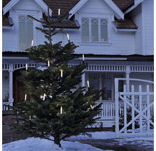 Weihnachtsbaum mit elektrischer Kerzenbeleuchtung vor einem Haus
