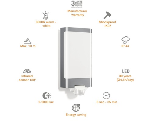 LED-Außenleuchte mit Bewegungsmelder, 3000 Kelvin warmweiß, maximale Reichweite 10 Meter, Infrarotsensor 180 Grad, Stoßfestigkeit IK07, Schutzart IP44, Herstellergarantie