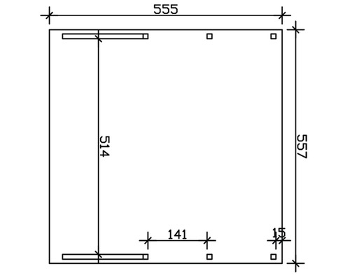 Technische Zeichnung mit Maßangaben von 555 mm, 557 mm, 514 mm, 141 mm und 15 mm