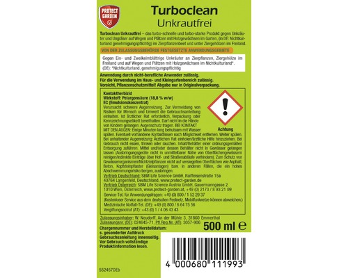 Etikett von Turboclean Unkrautfrei mit Anwendungsbereichen und Sicherheitshinweisen