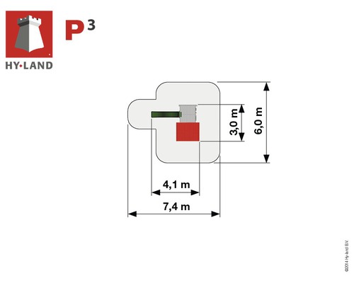 Hy-Land Logo. Spielplatz P3 Draufsicht mit Maßangaben