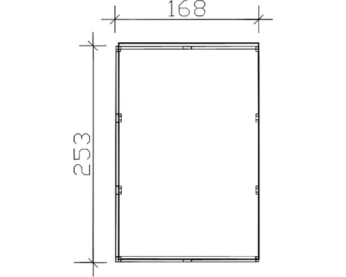 Technische Zeichnung eines Rechtecks mit den Maßen 168 mal 253.