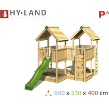Hy-Land Spielplatz mit zwei Spieltürmen, Rutsche, Sandkasten, Kletterwand und Leiter