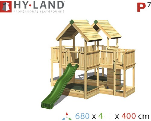 Spielturm aus Holz mit Rutsche und Sandkasten