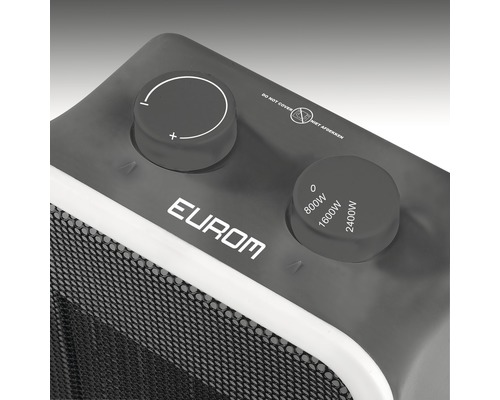 Detailansicht eines Heizgeräts mit Drehreglern zur Temperatureinstellung und Leistungsstufen von 0 Watt, 800 Watt, 1600 Watt und 2400 Watt, sowie dem Eurom Logo