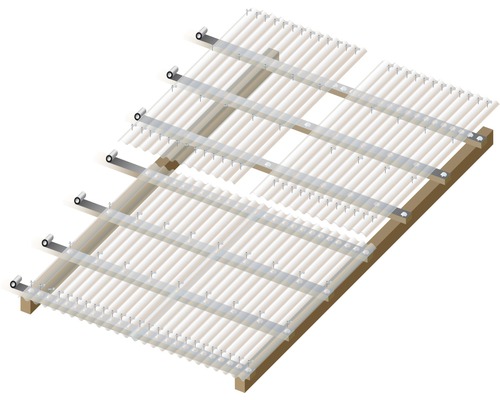 Illustration einer Terrassenüberdachung mit Holzrahmen und transparenten Paneelen