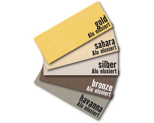 Farbmuster von eloxiertem Aluminium in Gold, Sahara, Silber, Bronze und Havanna