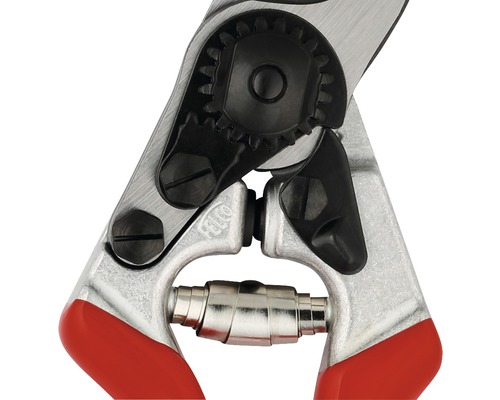 Detailaufnahme einer Gartenschere mit schwarzem Zahnradgetriebe und rotem Griff