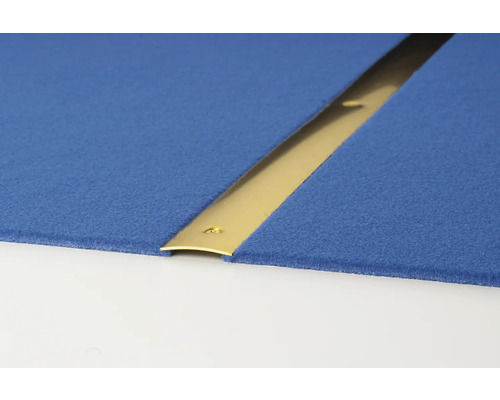 Detailansicht einer Übergangsleiste zwischen zwei blauen Teppichböden