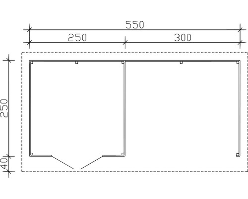 Grundrisszeichnung einer Gartenlaube mit den Maßen 550 mal 250 Zentimeter.