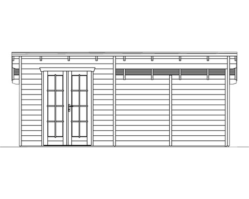 Illustration eines Gartenhauses mit Doppeltür und Schiebetür