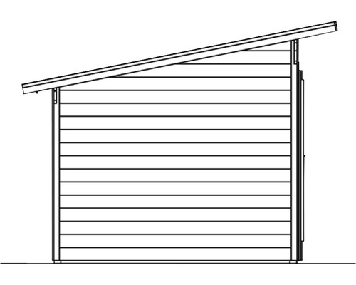 Illustration eines Gerätehauses mit Pultdach und horizontaler Holzverkleidung.