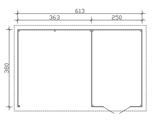 Technische Zeichnung eines Gartenhauses mit Maßangaben