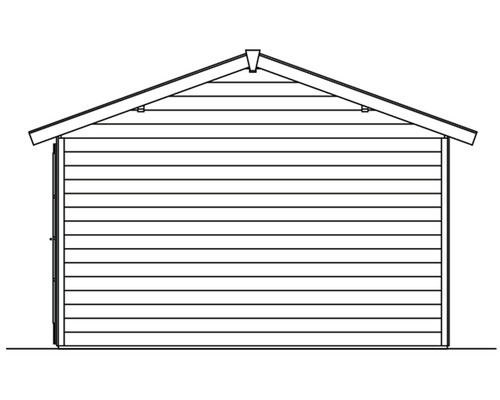 Zeichnung einer Gartenhütte mit Satteldach und horizontaler Holzverkleidung