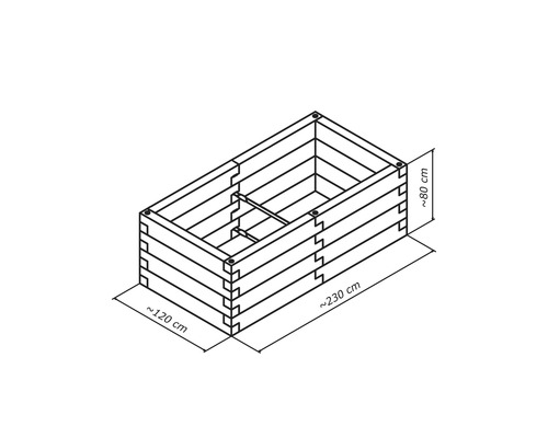 Abbildung eines Hochbeets mit den Maßen circa 120, 230 und 80 cm