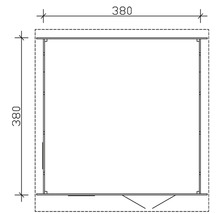 Grundrisszeichnung eines Gartenhauses mit den Maßen 380 mal 380 Zentimeter.