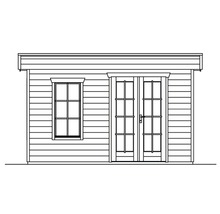 Illustration eines Gartenhauses mit Fenster und Doppeltür