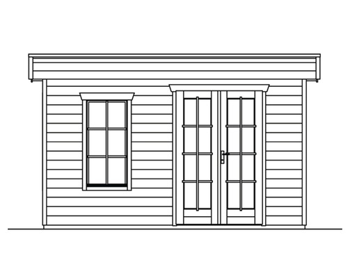 Illustration eines Gartenhauses mit Fenster und Doppeltür
