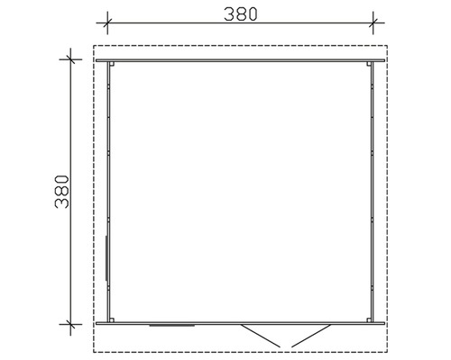Technische Zeichnung eines Gartenhauses mit den Maßen 380 mal 380 Zentimeter.