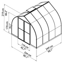 Abbildung eines Gewächshauses mit Maßangaben zu Höhe, Breite und Tiefe.